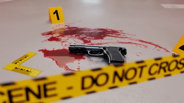 Eine Pistole Blutbad Auf Einem Fußboden Abgeschaffte Waffe Der Tatort — Stockvideo