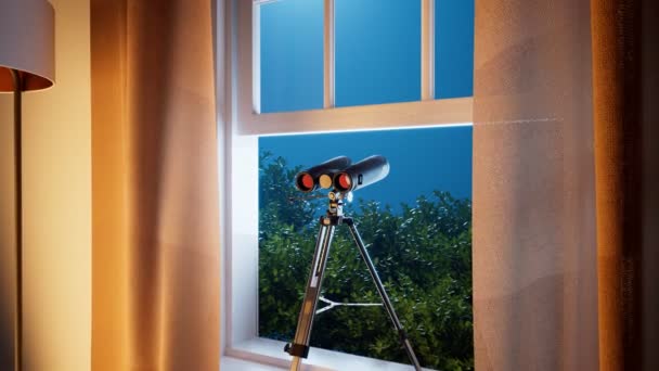 双筒望远镜在窗户里间谍技术的概念 间谍装备 带有野外望远镜的观察设备 可用于监视目标 在监视之下悬念和焦虑的气氛 — 图库视频影像