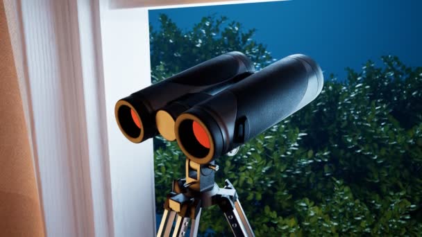Fernglas Einem Fenster Konzept Der Spionagetechnologie Spionageausrüstung Beobachtungsgeräte Mit Feldbrille — Stockvideo