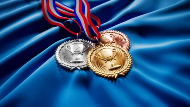 Set Gold Silver Brown Medals Winners First Three Prizes Champions — Stock Video