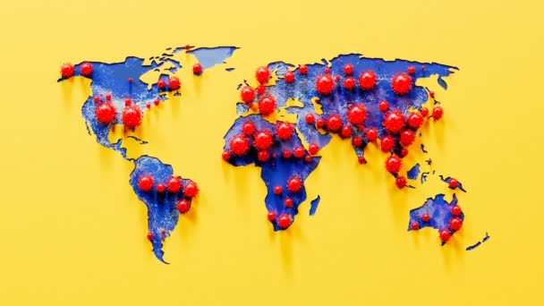 Mapa Ziemi Czerwonymi Komórkami Wirusów Covid Przemierza Cały Świat Duże — Wideo stockowe