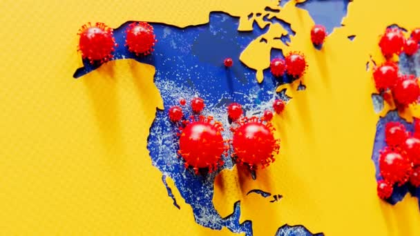 Peta Bumi Dengan Sel Virus Merah Covid Menyelaraskan Dunia Suntikan — Stok Video