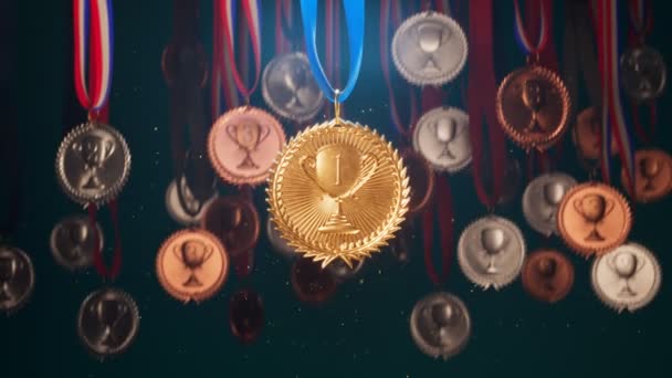 Золотая Медаль Лучшего Победителя Первый Приз Чемпиона Блестящая Спортивная Награда — стоковое видео