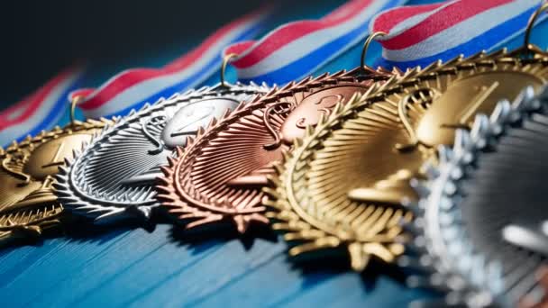 勝者のための金 茶色のメダルの無限のアニメーション チャンピオンのための賞 リボンで輝くスポーツアワード 勝利のシンボル トロフィー — ストック動画