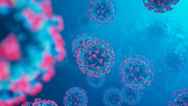 病気を引き起こす生物の内部の複数のウイルスのアニメーション 液体中のコロナウイルス細胞 青い背景にある多くの病原体や粒子 感染プロセス インフルエンザ Sars Covid エピデミック — ストック動画