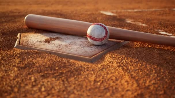 Płyta Baseballowa Baseballem Kijem Baza Domowa Akcesoriami Baseballowymi Kamera Porusza — Wideo stockowe