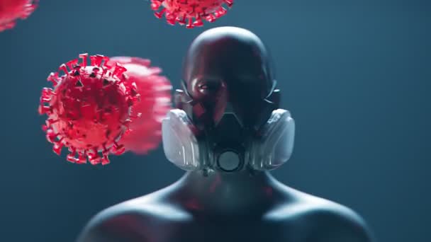 Covid保護について アニメーションは ウイルスを攻撃から保護するためにマスクを着用するモデルを示しています 暗い背景に描かれたマネキン コロナウイルスの大きな赤い細胞 バイオハザード — ストック動画