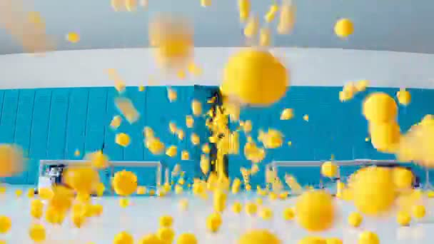 Een Groot Aantal Gele Tennisballen Springt Uit Kast Kleedkamer Van — Stockvideo