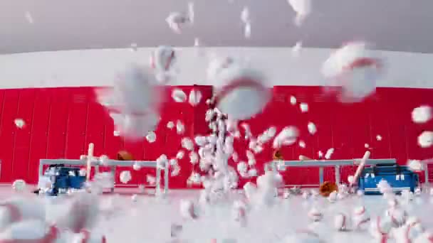 Большое Количество Бейсбольных Мячей Выпрыгивает Красного Шкафчика Раздевалке Школе Гардеробная — стоковое видео