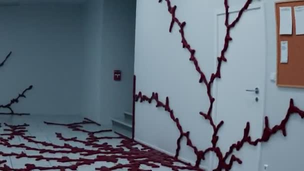 空っぽのショールで恐ろしい走りをする 荒れ果てた廊下で奇妙なことが起こっている 暗い赤いものが床に広がり 壁が広がりました パニック 混沌の雰囲気 ホラー映画のシーン — ストック動画