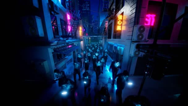 Φουτουριστικό Δρόμο Νύχτα Φώτα Νέον Άνθρωποι Περπατάνε Αργά Στη Βροχή — Αρχείο Βίντεο
