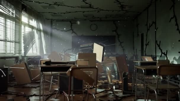 Strange Things Happening Demolished Classroom Dark Red Stuff Floor Walls — Stock Video