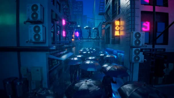 Люди Ходят Дождем Черными Зонтиками Футуристическая Улица Неоновых Огнях Ночью — стоковое видео