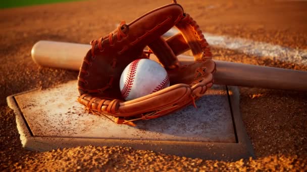 野球のホームプレート ミット バット 野球用アクセサリー付きホームベース スポーツギアの周りを移動するカメラ 美しい柔らかい暖かい光 ブレーキでゲームをする メジャーリーグ アメリカン スポーツ — ストック動画