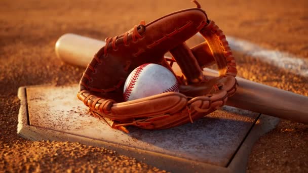 野球のホームプレート ミット バット 野球用アクセサリー付きホームベース カメラはスポーツギアをズームアウトします 美しい柔らかい暖かい光 ブレーキでゲームをする メジャーリーグ野球 アメリカン スポーツ — ストック動画