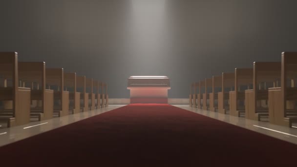 Elegante Caixão Meio Igreja Sob Holofotes Suaves Sala Funerária Vazia — Vídeo de Stock