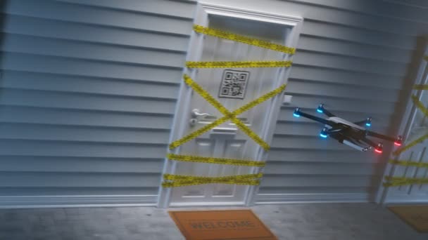 在Covid 19流行病期间 无人机控制家庭隔离和隔离 利用新技术预防大肠病毒传播的概念 用黄色警告带读取门上Qr代码的无人机 — 图库视频影像
