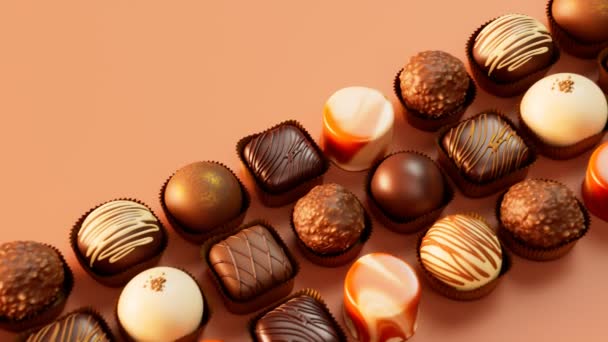 Rozmanité Lahodné Čokoládové Pralinky Sladké Bonbony Zdobené Bílou Tmavou Čokoládovou — Stock video