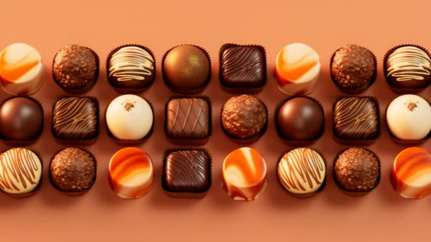 Válogatott Finom Csokoládé Praliné Fehér Étcsokoládé Mázzal Cukormázzal Karamellcukormázzal Díszített — Stock videók
