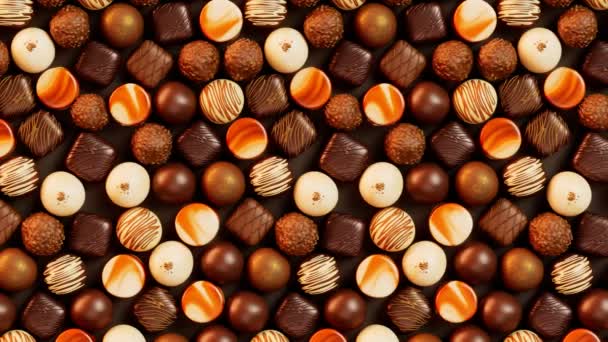 Ассорти Вкусные Шоколадные Пралине Сладкие Конфеты Украшены Белой Темной Шоколадной — стоковое видео