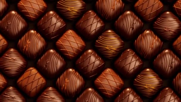 Ассорти Вкусные Шоколадные Пралине Сладкие Конфеты Украшены Темной Шоколадной Глазурью — стоковое видео