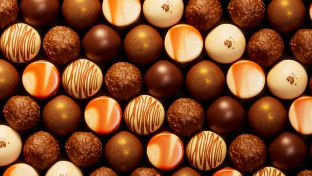 Rozmanité Lahodné Čokoládové Pralinky Sladké Bonbony Zdobené Bílou Tmavou Čokoládovou — Stock video