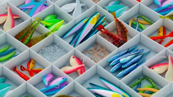Απρόσκοπτη Κίνηση Από Διάφορα Χρωματιστά Τσιμπήματα Ψαριών Εξαρτήματα Αλιείας Κουτί — Αρχείο Βίντεο