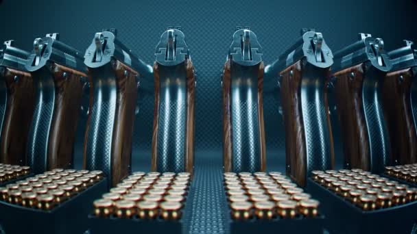ピストルと弾丸のシームレスループアニメーション 銃を持ってる ミュニオン バーンダンプ 武器は弾薬でキャッシュする 軍用機器 軍の倉庫 武力紛争 武器密輸の概念 — ストック動画