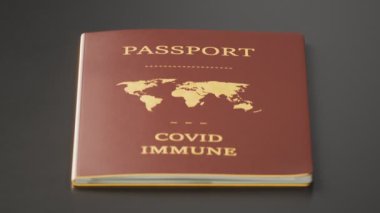 Covid19 dokunulmazlık pasaportu. Coronavirus sırasında seyahat etme kavramı. İçinde altın karakterler ve kıtalar olan küçük bir kitap. Koronavirüslerin küresel olarak kontrol edilmesi. Aşı sertifikası.