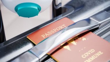 Seyahat çantası, koruyucu maskeli Coperid-19 dokunulmazlık pasaportu. Coronavirus sırasında seyahat etme kavramı. Koronavirüsleri yayma kontrolü. Aşı sertifikası. Turizm. Uçak gezisi..