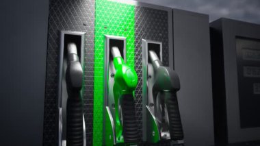 Yakıt kutusunu yeşil saplı ve yaprak sembollü benzin pompası başlığıyla kapat. Ulaşım için çevre dostu yakıt kavramı. Biyodizel. Benzin istasyonunda benzini doldur..