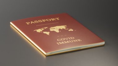 Covid19 dokunulmazlık pasaportu. Coronavirus sırasında seyahat etme kavramı. İçinde altın karakterler ve kıtalar olan küçük bir kitap. Koronavirüslerin küresel olarak kontrol edilmesi. Aşı sertifikası.
