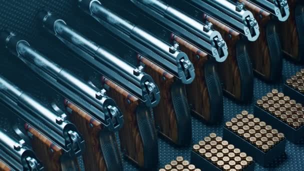 Animación Bucle Sin Fisuras Pistolas Balas Armas Depósito Municiones Volcado — Vídeos de Stock