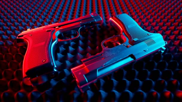 Dos Pistolas Espuma Gris Luces Neón Armas Luz Azul Roja — Vídeo de stock