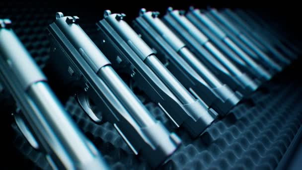 ピストルのシームレスループアニメーション 光沢のある銃 ミュニオン バーンダンプ 武器キャッシュ 軍用機器 軍の倉庫 武力紛争 武器密輸 銃取引の概念 — ストック動画