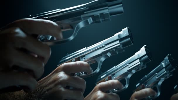 Бесшовная Зацикленная Анимация Оружия Руках Готового Стрелять Мишени Блестящие Пистолеты — стоковое видео