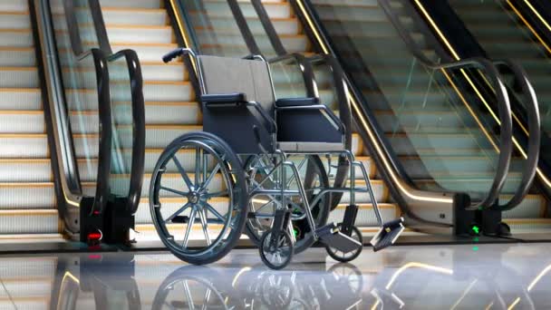 Запись Пустой Инвалидной Коляски Рядом Эскалатором Концепция Проблем Здоровьем Инвалидности — стоковое видео