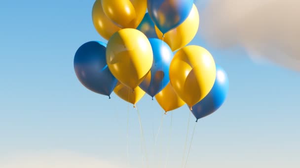 Presente Colorido Anexado Bando Balões Voando Céu Azul Com Nuvens — Vídeo de Stock