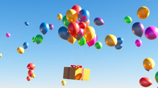 Barevný Dárek Připojený Balónům Letícím Modré Obloze Mnohobarevnými Balónky Pozadí — Stock video