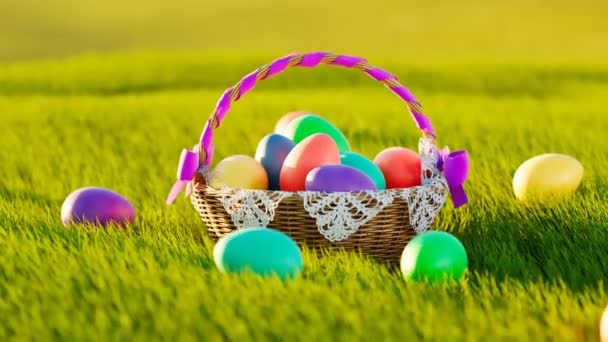 Traditional Easter Basket Full Cloured Eggs While Spring Celebration Pile — стокове відео