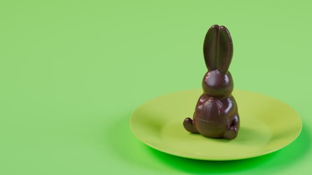 おいしいチョコレートを食べるイースターバニー 緑色のパステルプレートの上のかわいいウサギがジャンプし 噛まれて消えます 春のお祝いをしながら伝統的なキャンディー ハッピーイースター スイーツ ジョイ 楽しかった — ストック動画