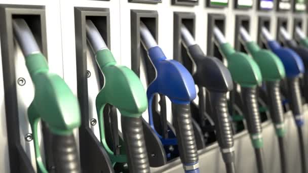 Zökkenőmentes Hurok Animáció Többszínű Benzinpumpa Fúvókák Benzinkútnál Benzin Dízel Zárják — Stock videók