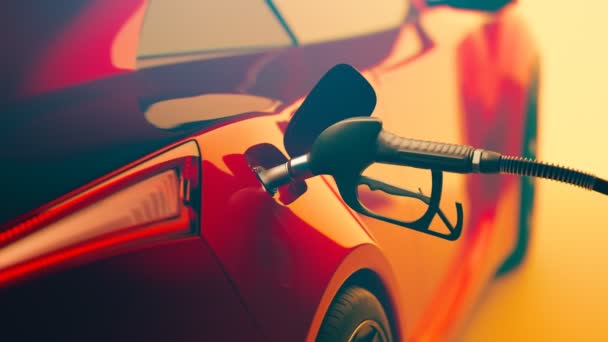 给加油站的一辆汽车加油靠近一辆红色汽车燃料箱中的一个气泵喷嘴 车辆的汽油补给概念 能源工业和燃料部门 — 图库视频影像