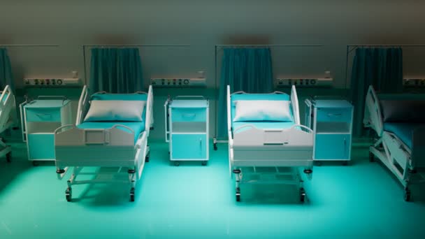 医院病房里病床的动画是可以看得到的 摄像机沿着空床的线条移动 医院家具 诊所的内部 Covid 19患者加护床的概念 — 图库视频影像
