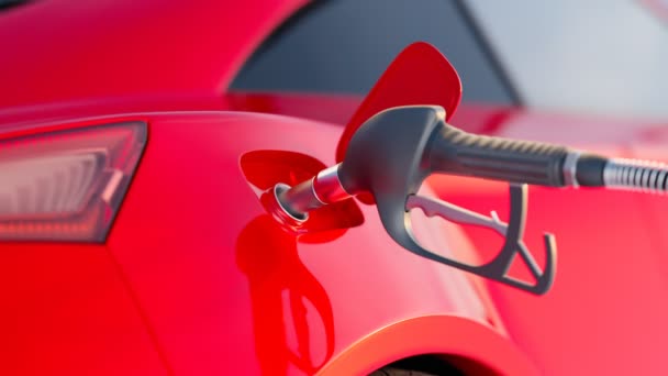 ガソリンスタンドで車を給油する 赤い車の燃料タンクのガソリンポンプのノズルを閉じます 車両用ガソリン充電のコンセプト エネルギー産業と燃料セクター ガソリンか ディーゼル — ストック動画