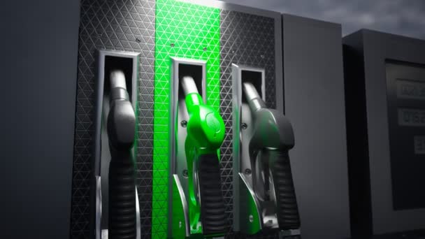 グリーンハンドルとリーフシンボルでガソリンポンプノズルで燃料ディスペンサーを閉じます 輸送のための環境に優しい燃料の概念 バイオディーゼル ガソリンスタンドのエコガソリン付き燃料車 — ストック動画