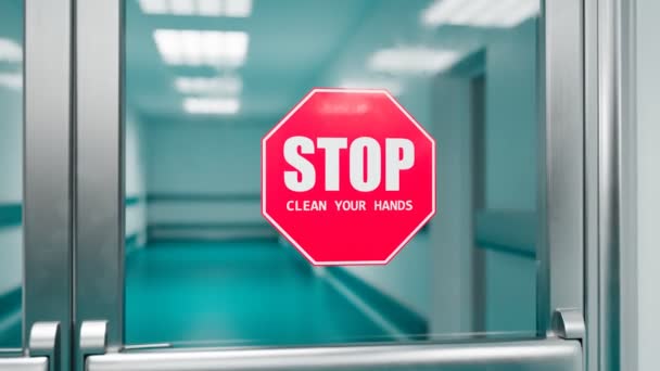 Drzwi Szklane Czerwonym Znakiem Stop Umyj Ręce Środki Dezynfekcji Rąk — Wideo stockowe