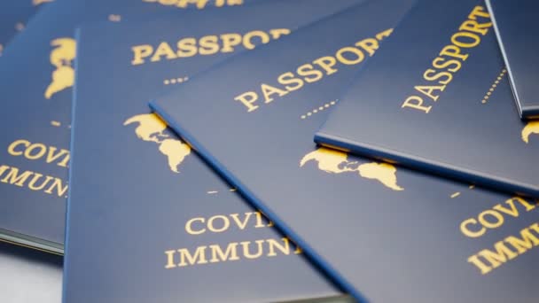 一套共19本豁免护照 在验尸过程中旅行的概念 一本黄金字的小书 在全球范围内控制头孢杆菌的传播 疫苗接种证书 — 图库视频影像