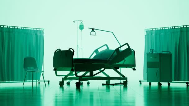 コロナウイルス病院の医療用ベッドのアニメーション コビド19患者のための集中治療ベッドの概念 カメラは病人のための空のベッドを示しています クリニックインテリア クォータータン — ストック動画