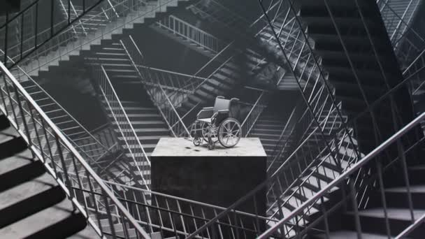 轮椅在楼梯迷宫中的动画 摄像头放大了 克服残疾人面临的困难或限制的概念 无行为能力 残疾的保健 — 图库视频影像